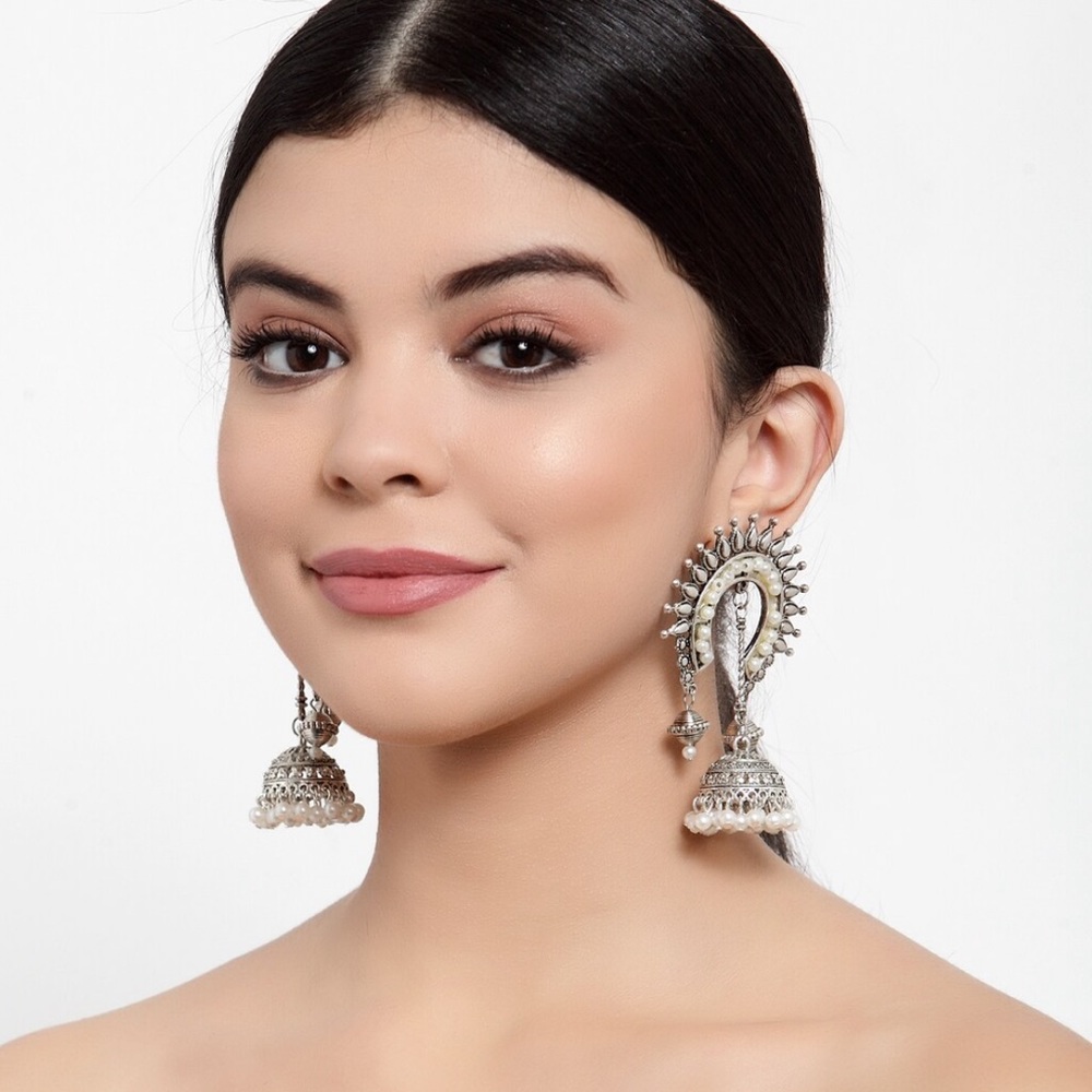 Silver-Toned Contemporary Earrings jhumkas Indian Pakistani Afghan
